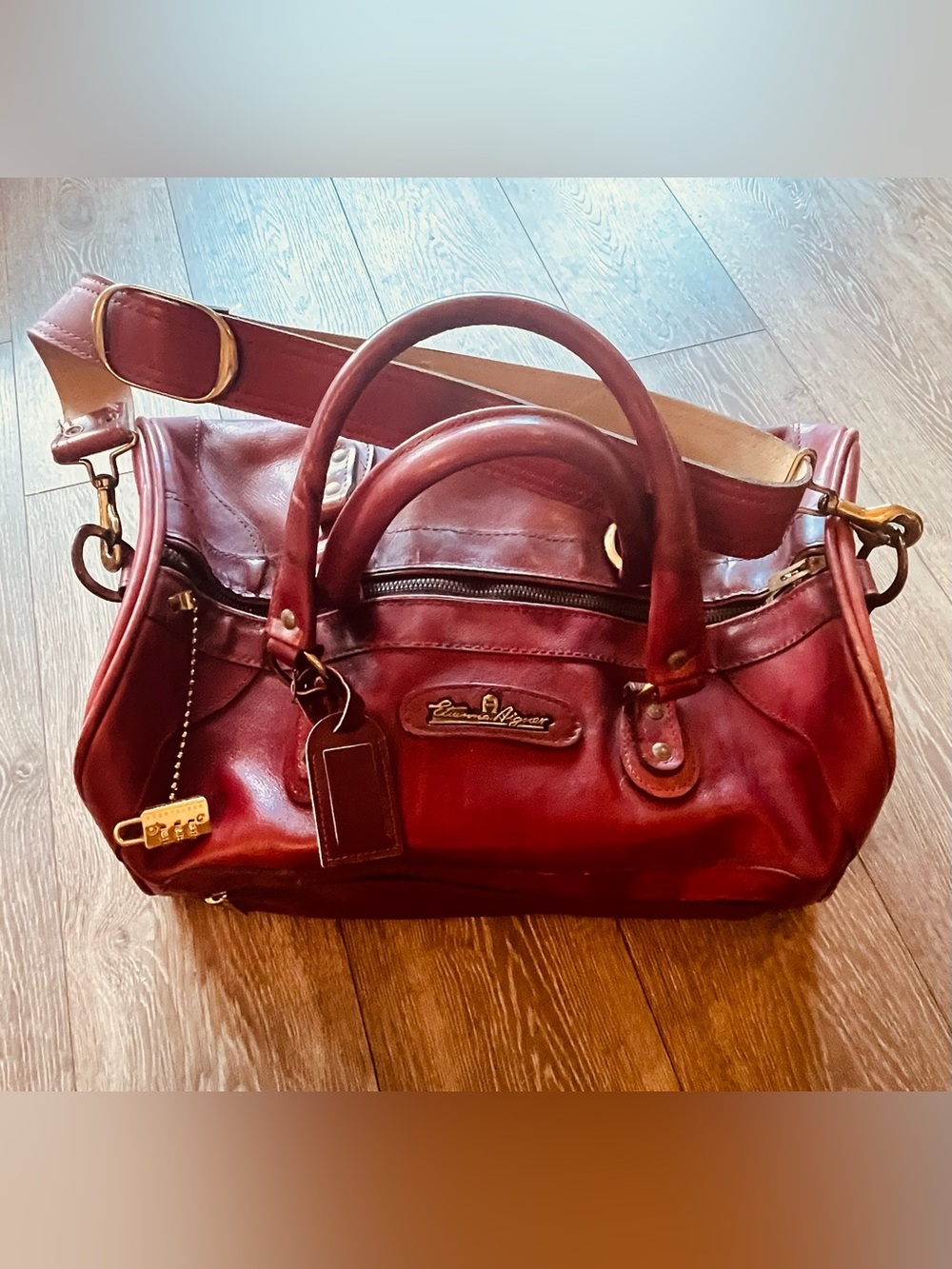 Vintage 70s Etienne Aigner Oxblood Leather Brass Large Weekender Bag
